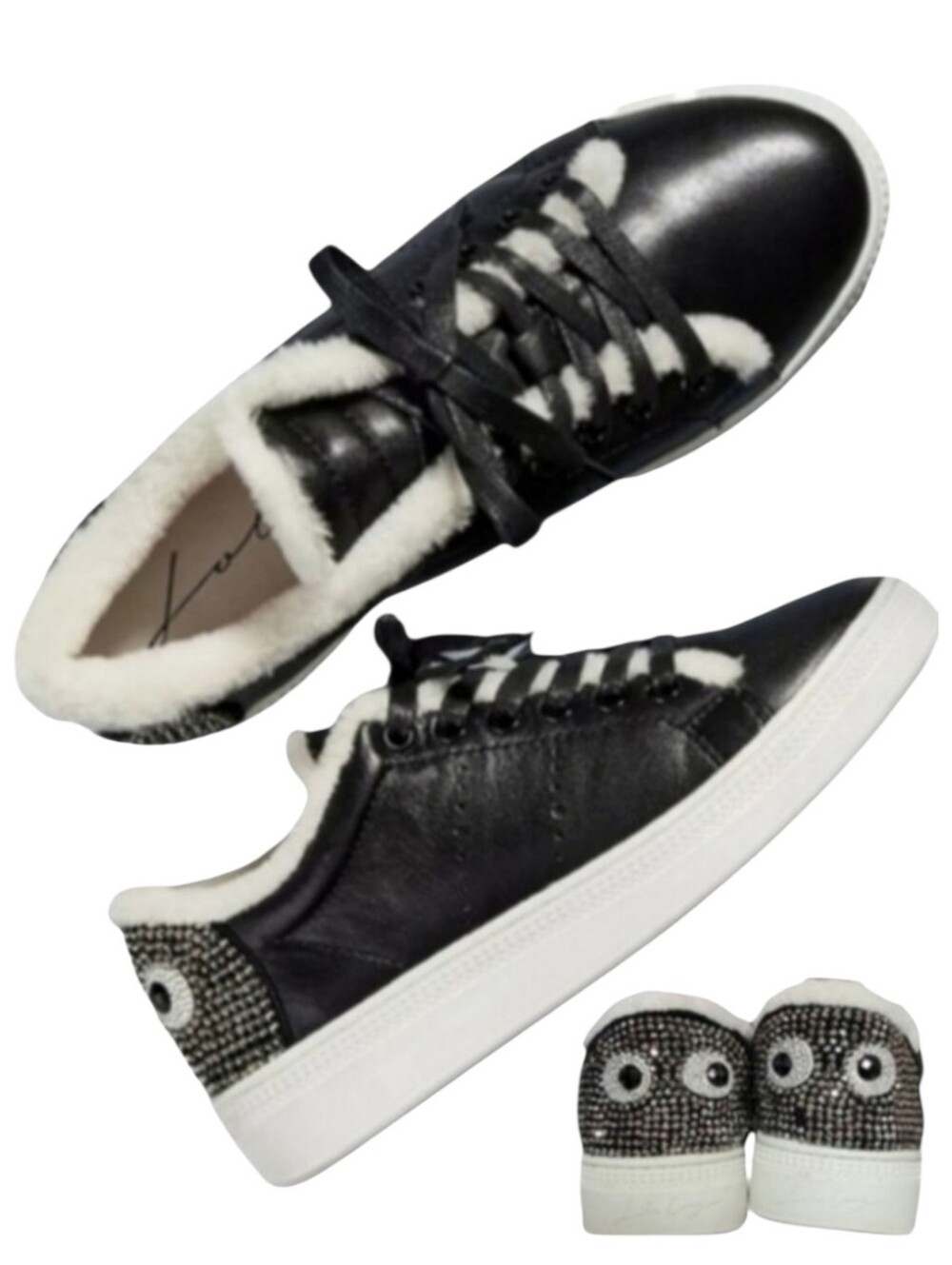 Lola Cruz Womens Anthropologie Crystal Eye Faux Fur Leather Sneakers Black 36 6